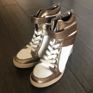 Bronze and white wedge sneakers